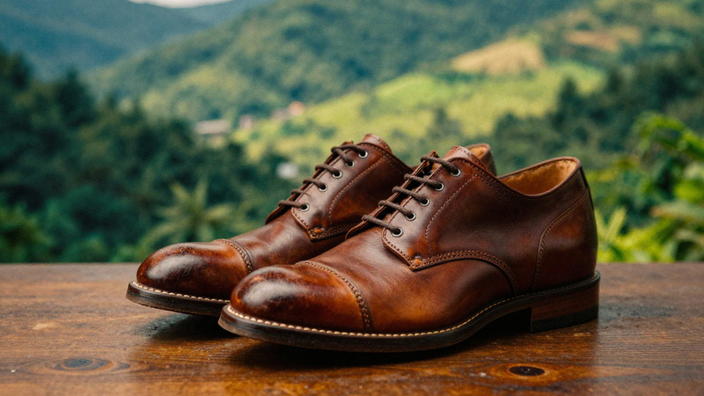 Zapatos de cuero sobre una mesa de madera con un bosque de fondo