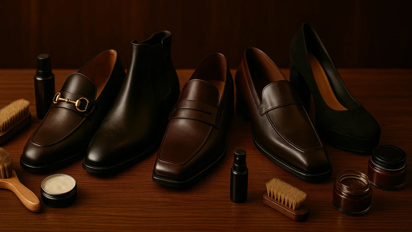 
          Siluetas clásicas de calzado de lujo otoño 2025 con productos de cuidado premium Maestro Zapatero.
        