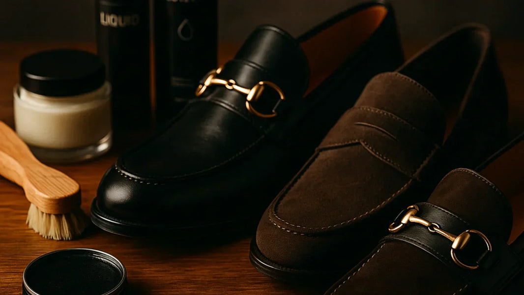 Loafers de lujo en piel y gamuza con productos de cuidado premium Maestro Zapatero.