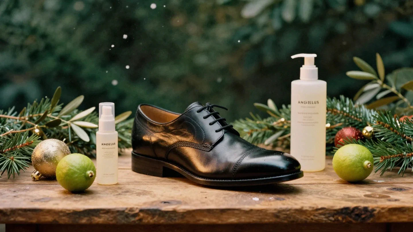 Zapato de lujo con productos de limpieza Saphir y Angelus en ambiente navideño con luz cálida y decoración festiva.