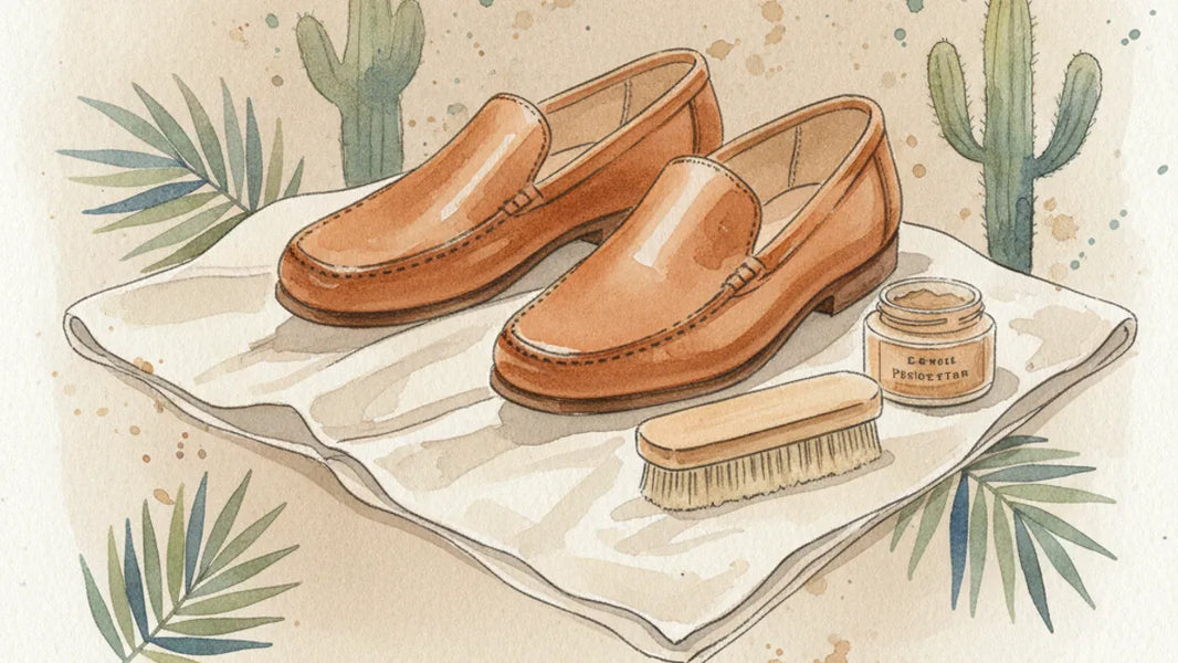 Ilustración editorial: Zapatos de verano en México: loafers sin forro, sandalia pescadora y cómo protegerlos del calor y la humedad