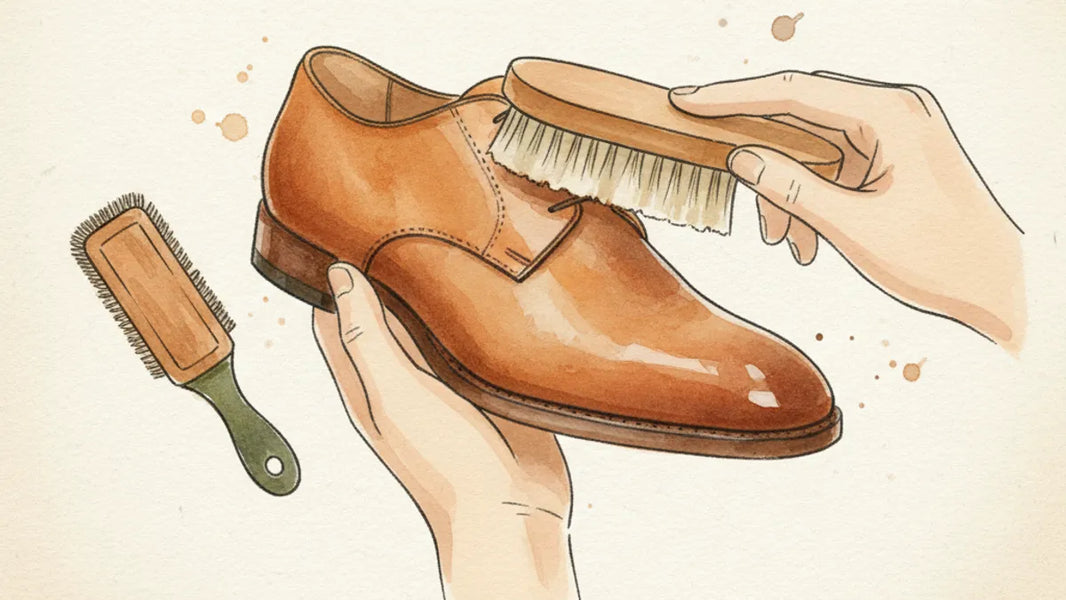 Ilustración editorial: Guía completa de cepillos para zapatos: de cerda de jabalí a pelo de yak, cuál necesitas y cuándo usarlo