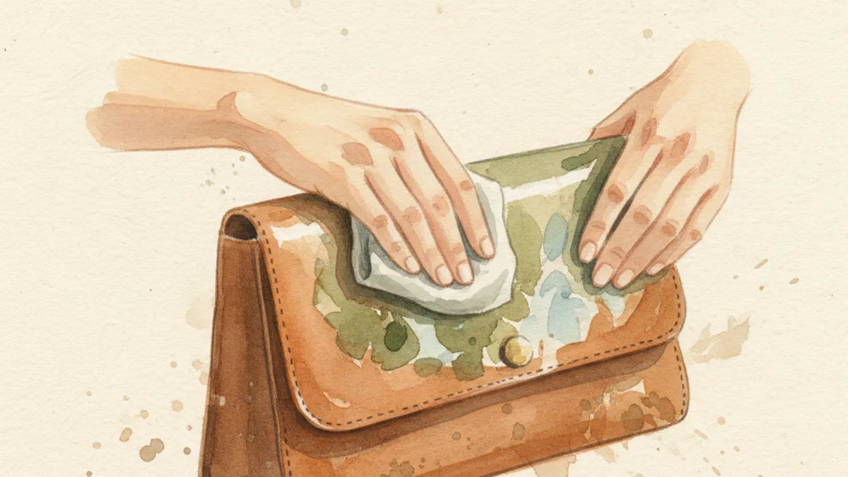 Ilustración editorial: ¿Cómo limpiar una bolsa de piel con acabado pintado sin dañarla?