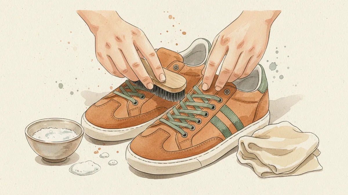 Ilustración editorial: Cómo limpiar tenis de gamuza sin arruinarlos: la guía del oficio