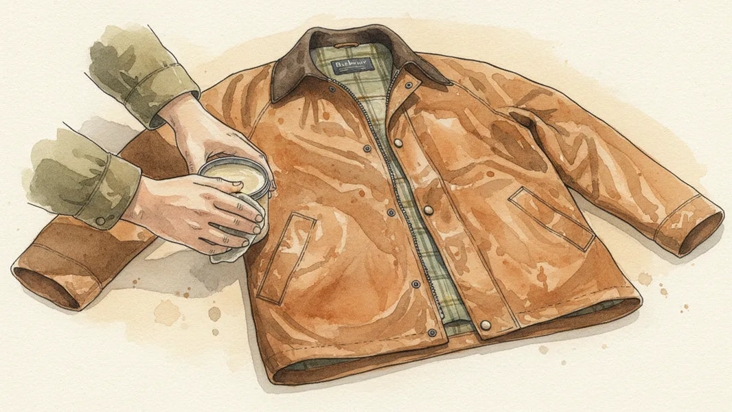Ilustración editorial: La chamarra Barbour y el arte del re-encerado: 130 años de pátina como postura