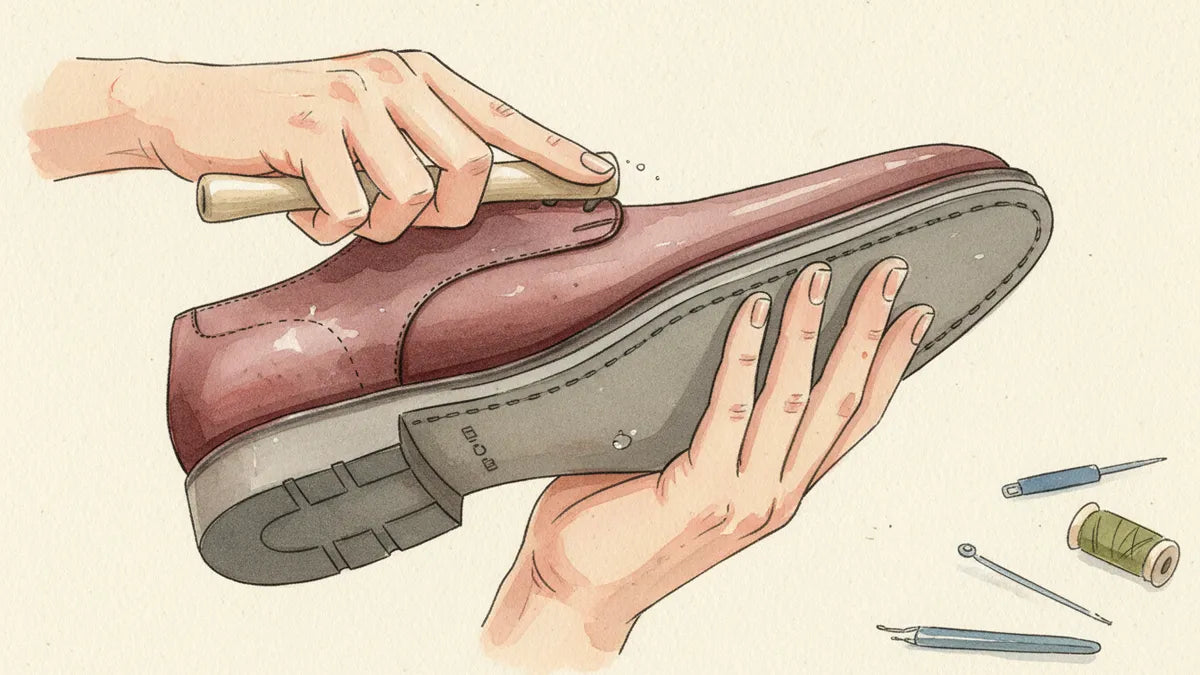 Ilustración editorial: Suela de goma en zapato fino: la inversión que la temporada de lluvias exige