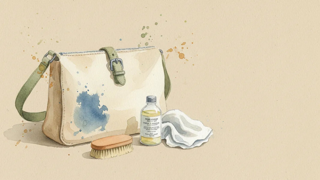Ilustración editorial: Transferencia de mezclilla en bolsos claros: lo que el oficio puede salvar y lo que no