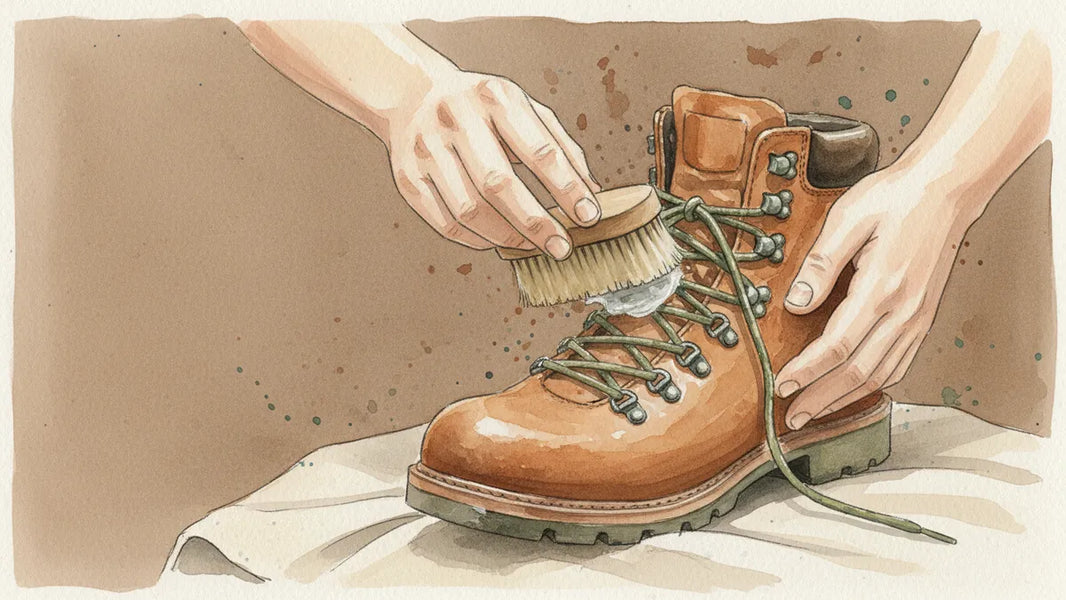 Ilustración editorial: La bota de montaña toma la ciudad: cuidado experto para el cuero que desafía el invierno