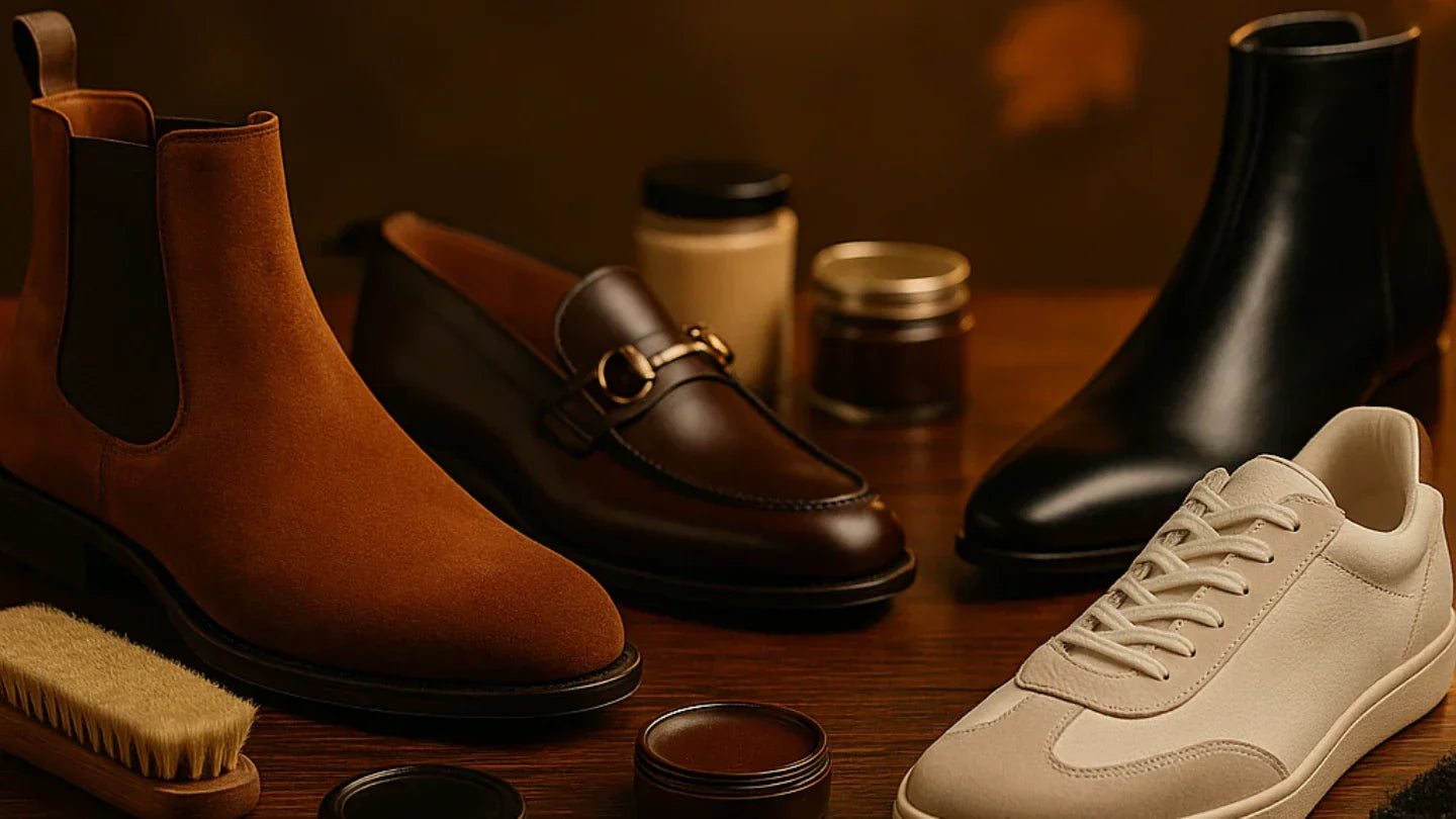 
                  Calzado de lujo otoño 2025 con productos de cuidado premium Maestro Zapatero.
                