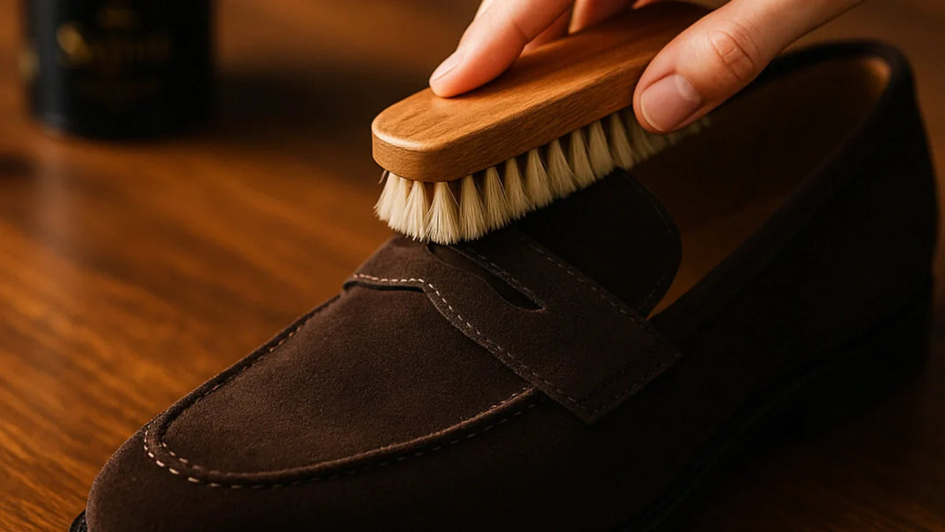 Zapatos de gamuza de lujo cepillados suavemente con cepillo especial — cuidado profesional y técnicas premium para gamuza impecable.