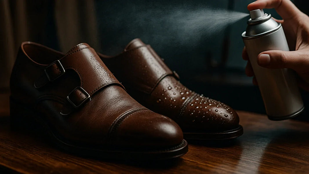 Zapatos de piel de lujo protegidos de la lluvia con spray impermeabilizante premium — cuidado profesional para calzado en temporada húmeda.