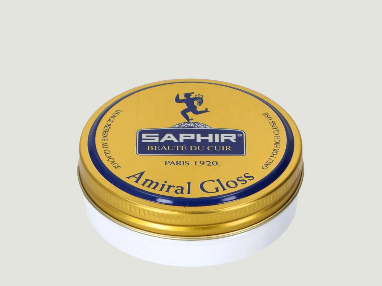 Tarro de Saphir Beauté du Cuir Amiral Gloss Incoloro, cera premium para lograr brillo espejo en zapatos de cuero liso. Ideal para puntas y contrafuertes.