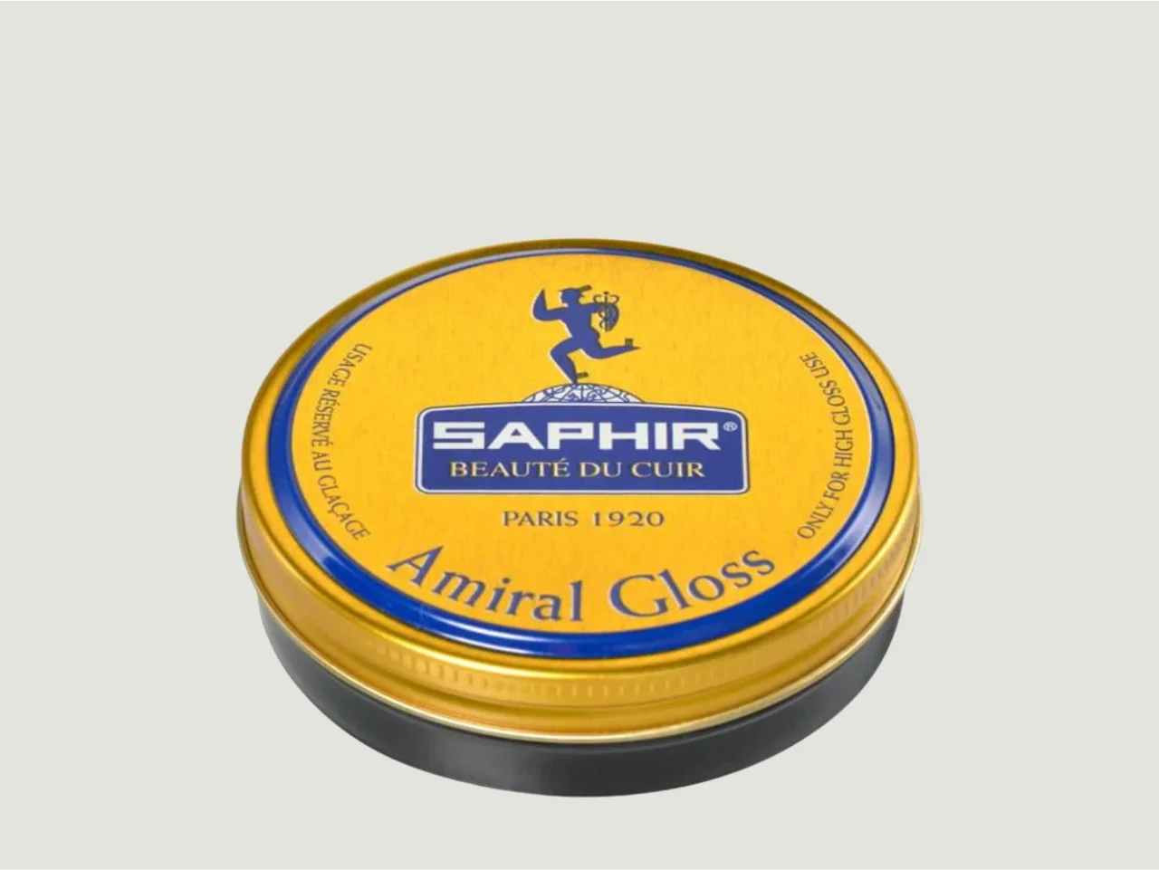 Tarro de Saphir Beauté du Cuir Amiral Gloss negro, cera premium para lograr brillo espejo en zapatos de cuero liso. Ideal para puntas y contrafuertes.
