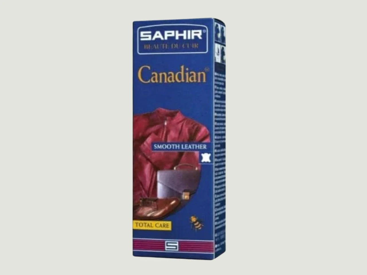 Tubo de Saphir Blue Canadian, crema reconstituyente con cera de abeja para cuero liso. Nutre, recolorea e impermeabiliza sin dañar costuras ni dejar residuos.
