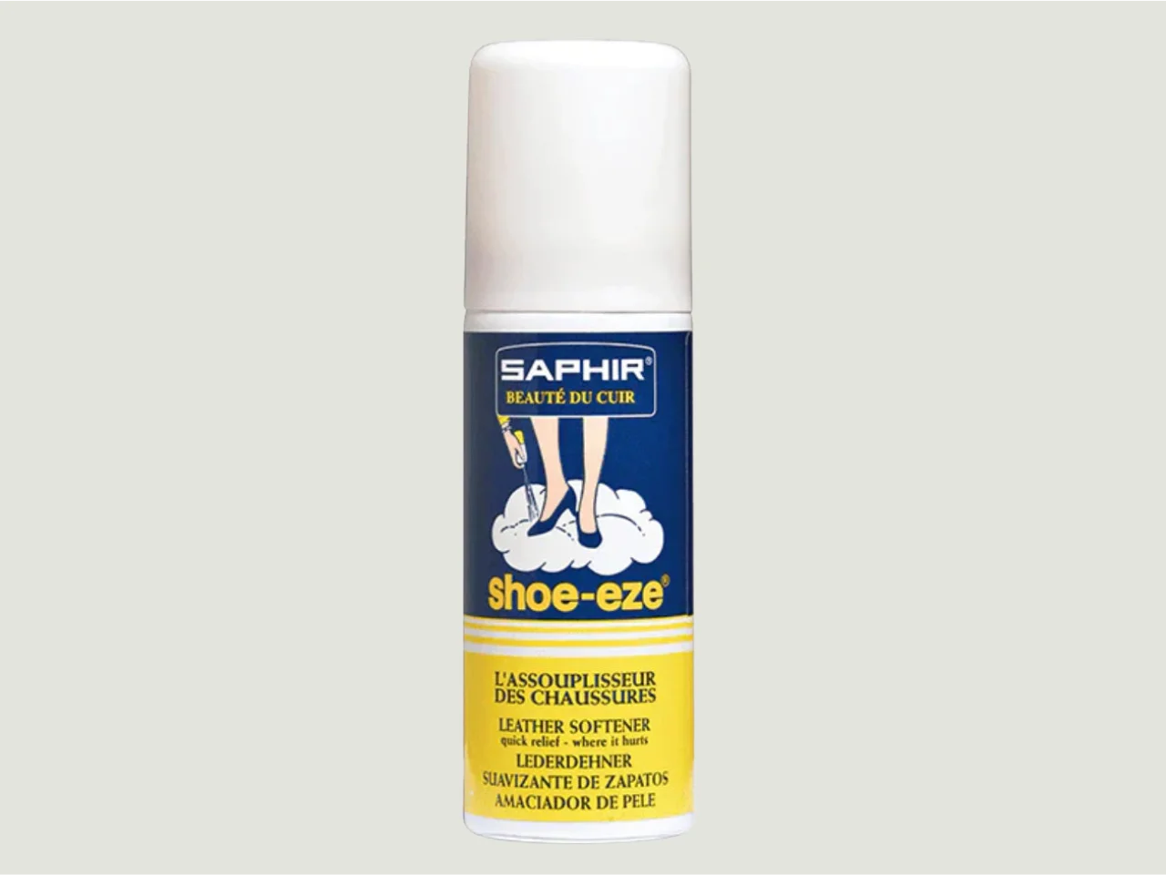 Frasco de Saphir Blue Shoe-Eze Dilatador en spray, ideal para suavizar y expandir cuero liso en calzado. Mejora la comodidad eliminando puntos de presión.